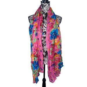 Pink Floral Crinkle Lightweight Sheer Scarf Vibrant Multicolor Shawl Wrap